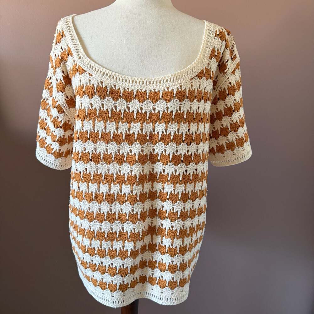 World Market Boho Orange and Ivory Striped Crochet Short Sleeve Pullover Top